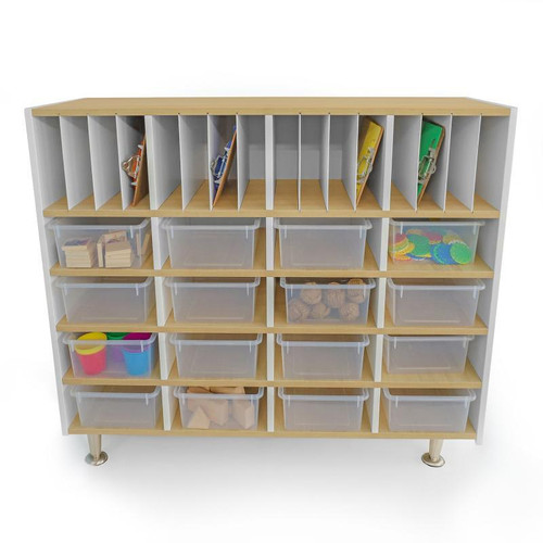 Whitney Brothers elevatED™ Classroom Organizer, multi-tiered storage unit with cubbies and transparent bins for classroom organization and supplies.
