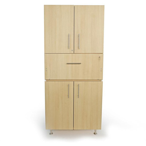 Whitney Brothers elevatED™ Workstation Cabinet, a tall wooden storage cabinet with multiple compartments and sleek metal handles.