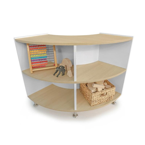 Whitney Brothers elevatED™ Curve In Cabinet - 33"H, modern wooden storage cabinet with curved design, white sides, and multiple compartments for organizational use.