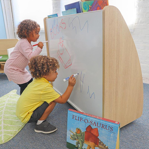 Whitney Brothers elevatED™ Mobile Book Display, children drawing on whiteboard with books on top