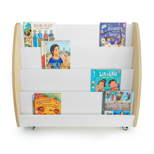 Whitney Brothers elevatED™ Mobile Book Display, white and wooden-colored book display with multiple shelves holding children's books.