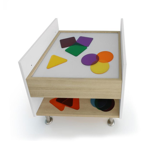 Whitney Brothers elevatED™ Adjustable Light Table, sensory educational toy with colorful geometric shapes on illuminated surface.