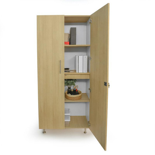 Whitney Brothers elevatED™ Tall and Wide Classroom Storage Cabinet, open wooden cabinet with adjustable shelves filled with office supplies and decorative items.