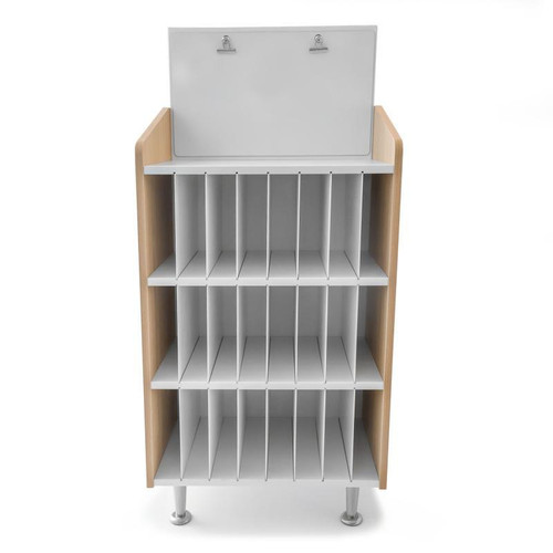 Whitney Brothers elevatED™ Mail And Message Center, classroom mail and message storage unit with multiple compartments and a lockable top panel.
