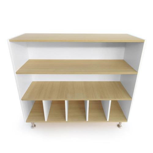 Whitney Brothers elevatED™ Cubby and Shelf Cabinet, modern educational storage unit with multiple shelves and cubbies for organization and classroom use.