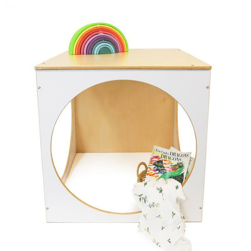 Whitney Brothers elevatED™ Play House Cube, children's wooden playhouse with a circular opening and colorful rainbow stacking toy on top.