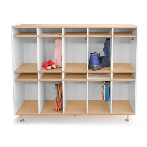 Whitney Brothers elevatED™ 10 Section Coat Locker, modern white and natural wood multi-compartment storage unit for children's coats and belongings.