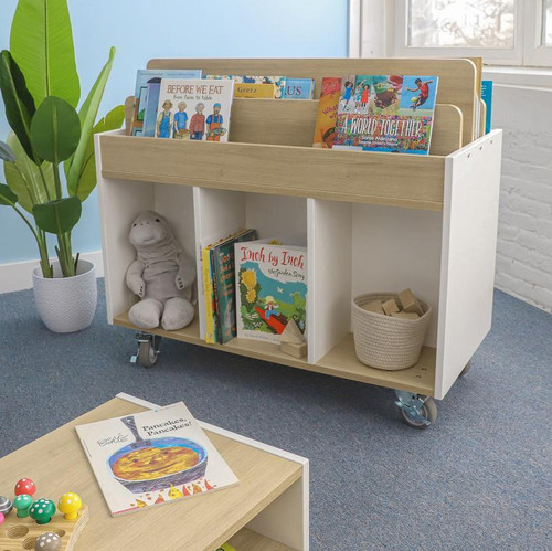 Whitney Brothers elevatED™ Mobile Book Storage Island, educational storage furniture with books and toys in a children's playroom.
