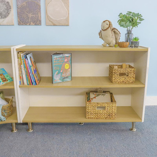 Whitney Brothers elevatED™ Adjustable Shelf Cabinet 33"H, children's storage cabinet with adjustable shelves, wooden finish, and organizational baskets in a classroom setting.