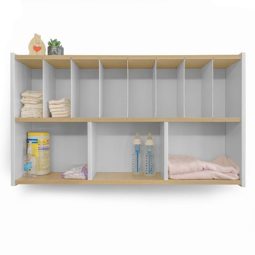 Whitney Brothers elevatED™ Wall Mount Diaper Supplies Organizer, wall-mounted storage unit with multiple compartments for diaper supplies, baby bottles, and towels.