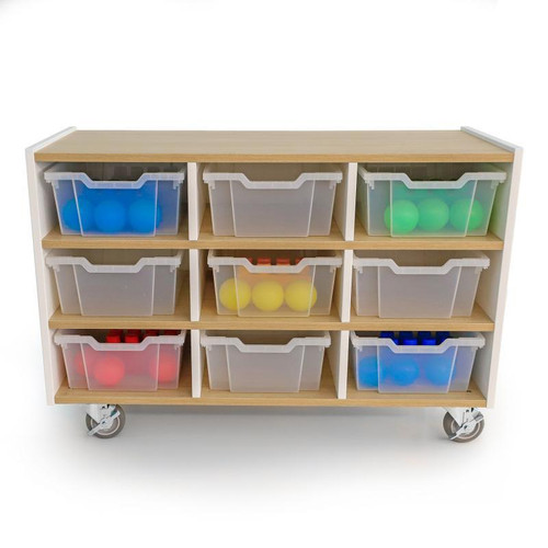 Whitney Brothers elevatED™ Nine Tray Mobile Storage Cabinet, wooden cabinet with clear plastic bins containing various colored balls on wheels.