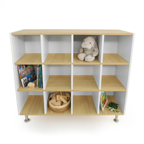 Whitney Brothers elevatED™ 12 Cubby Backpack Storage Cabinet, modern wooden kids' storage unit with 12 compartments, displaying books, toys, and a plush hippo.