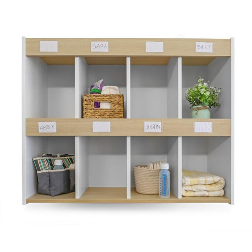 Whitney Brothers elevatED™ Wall Mount Diaper Bag Organizer, image of a wall-mounted nursery storage unit with labeled compartments for baby essentials and a wooden top shelf.