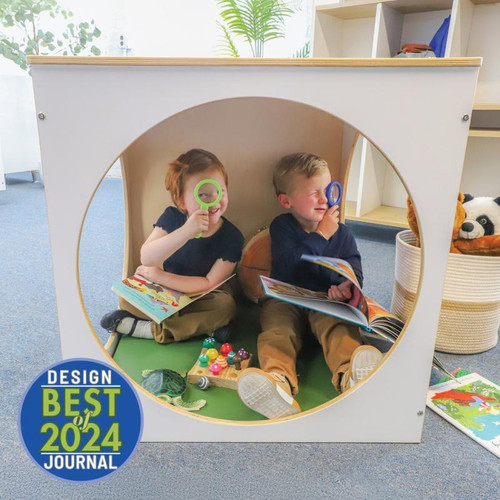 Whitney Brothers elevatED™ Play House Cube With Floor Mat Set, children playing inside the play house with magnifying glasses and books in a colorful classroom setting.