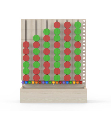 LiteZilla KidWorx™ 4 in a Row Activity Wall Game, wooden activity wall with red and green circular game pieces arranged in a vertical pattern.