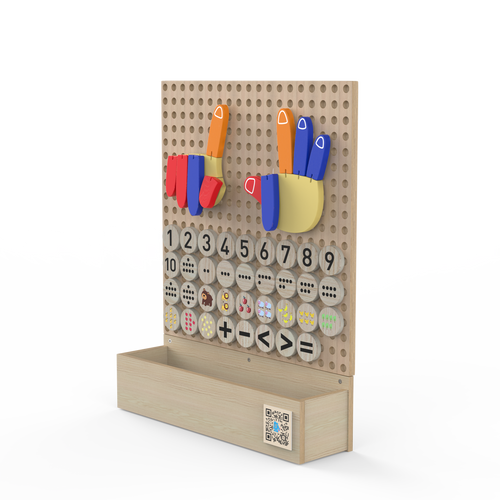 LiteZilla KidWorx™ Handy Hands Counting Challenge Wall Activity, educational wooden wall panel with colorful hand-shaped pieces, number disks, and mathematical symbols to encourage kids learning and counting skills.