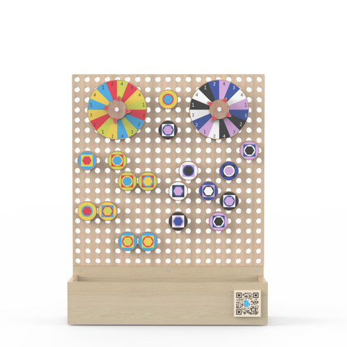 LiteZilla Kidworx™ Kaleido Colors Wall Activity, colorful educational wall game with clocks, hexagons, and geometric shapes on a pegboard.