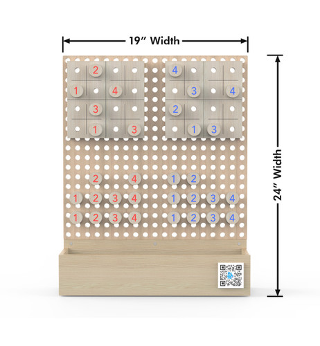 LiteZilla Kidworx™ Sudoku Shuffle Wall Game, wooden wall game with number domino pieces and two mini Sudoku boards, measuring 24 inches in height and 19 inches in width.