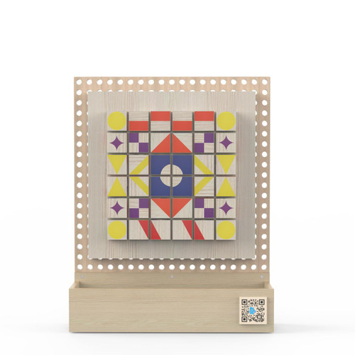 LiteZilla Kidworx™ Patchwork Patternmakers Wall Activity, colorful geometric shapes and patterns on a wooden wall activity panel for kids.