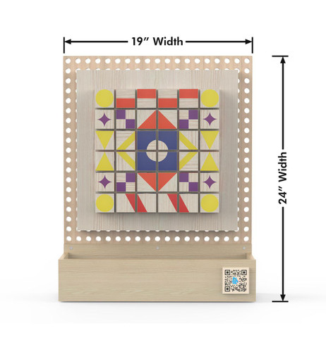 LiteZilla Kidworx™ Patchwork Patternmakers Wall Activity, a wooden educational toy with colorful geometric shapes and patterns designed for children's learning development.