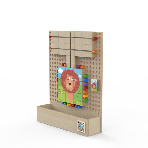 LiteZilla Kidworx™ Tangled Tiger Activity Wall Toy, wooden activity wall with colorful beads, puzzle blocks, and a lion illustration for kids' motor skills development.