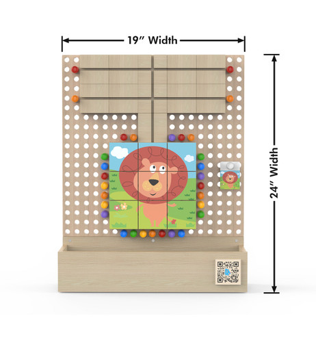 LiteZilla Kidworx™ Tangled Tiger Activity Wall Toy, wooden activity wall with colorful beads, puzzle tiles, and a cute lion illustration for toddler entertainment and development.