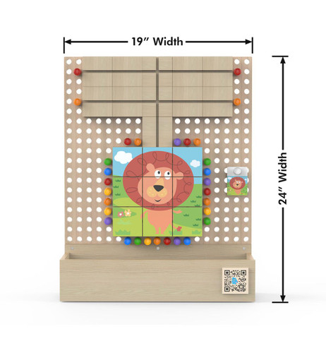 LiteZilla Kidworx™ Tangled Tiger Activity Wall Toy, wooden activity wall with colorful beads, puzzle tiles, and a cute lion illustration for toddler entertainment and development.