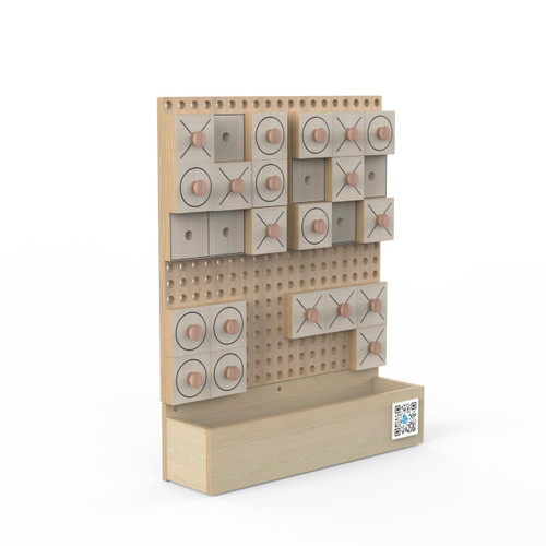 LiteZilla Kidworx™ Tic Tac Whoa! Wall Game, a wooden interactive tic-tac-toe game with pegs and rotating blocks for kids entertainment and skill development.