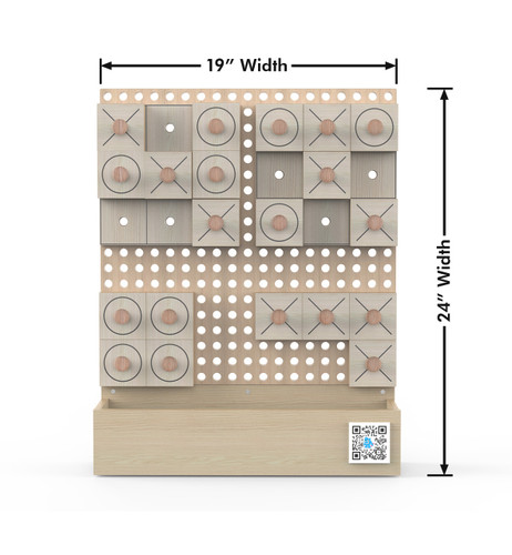 LiteZilla Kidworx™ Tic Tac Whoa! Wall Game, a wooden tic-tac-toe game with a perforated board, wooden blocks with X and O markings, and a base for mounting on the wall.