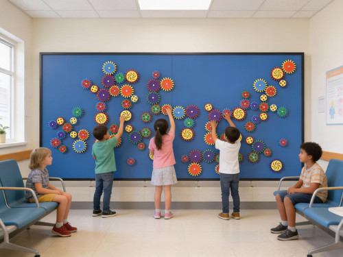 LiteZilla MagWiz Magnetic Sensory Gears STEM Wall Activity - 10x5, colorful magnetic gears arranged on a blue wall with children engaging and playing with the gear activity in a classroom or therapy room.