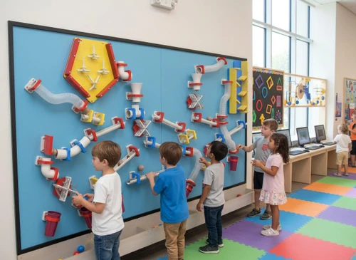 LiteZilla MagWiz Kinetics Magnetic Wall Ball Run - 10x5, colorful interactive wall with magnetic tubes, connectors, and balls for children's educational play and STEM learning in a classroom.
