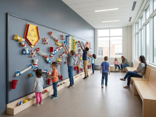 LiteZilla MagWiz Magnetic STEM Kinetics Wall Ball Run - 20x5, indoor play area with children playing on a large kinetic wall with magnetic and colorful tubing and balls.