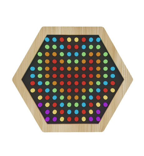 LiteZilla Multi-Sensory Hexagon Panel - Mini Lite Brite Classic, colorful light-up sensory toy with multicolored pegs on a black background, framed by a light wood hexagonal border.