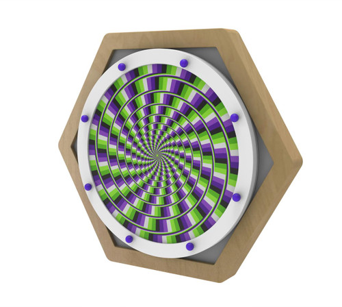 LiteZilla Multi-Sensory Hexagon Panel - Purple & Green Twist Optical Illusion XL, a hexagonal sensory panel with a vivid purple, green, and black spiral optical illusion design enclosed in a wooden frame.