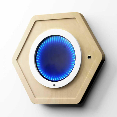 LiteZilla Multi-Sensory Hexagon Panel - Infinity Mirror XL, a large hexagonal sensory panel with a circular infinity mirror featuring vibrant blue LED lights.