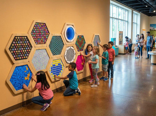 LiteZilla Multi-Sensory Hexagon Panel - Blue to Orange Sequin Flip XL, colorful interactive sensory wall with hexagon panels featuring various textures and pixelated patterns for children to play and explore.