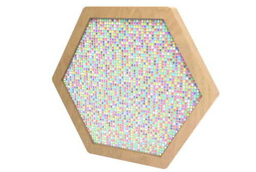 LiteZilla Multi-Sensory Hexagon Panel - Marble Motion XL, colorful sensory panel with small multicolored tiles in a hexagon shape framed in wood.