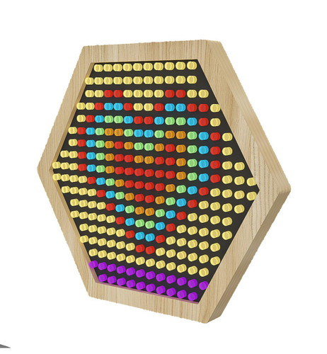 LiteZilla Multi-Sensory Hexagon Panel - Mini Lite Brite XL, colorful multi-sensory hexagon panel with illuminated pegs in various colors on a black background surrounded by a wooden frame