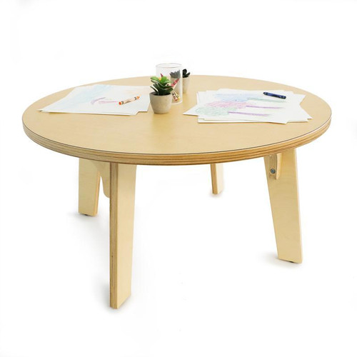 Whitney Brothers Whitney Plus Round Classroom Table - 18H, light wood round table for classroom activities with drawings and plants on top.