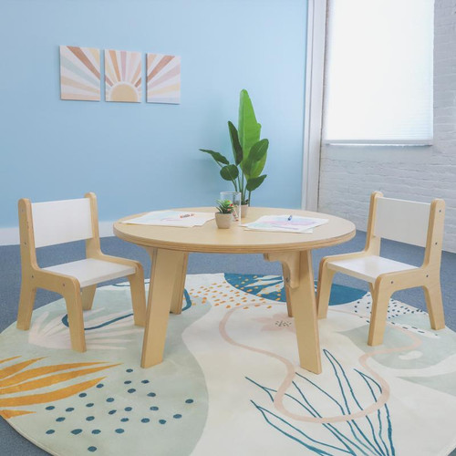 Whitney Brothers Whitney Plus Round Classroom Table - 18H, wooden children's table in a bright classroom setting.