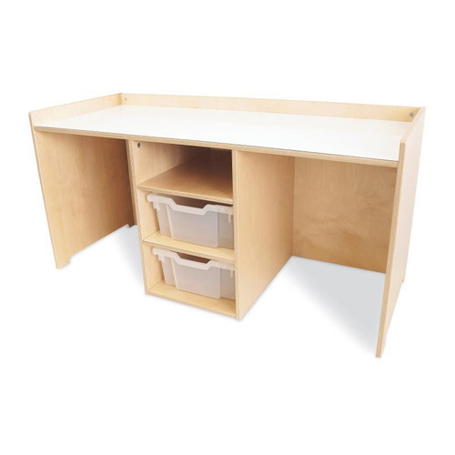 Whitney Brothers STEM Activity Desk With Trays, wooden educational activity desk with built-in storage and two plastic trays.