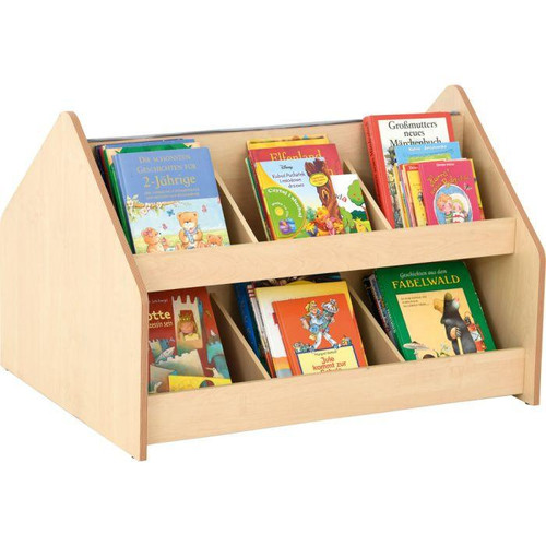 Moje Bambino Flexi Bookcase Bench, wooden children's book storage bench with two compartments filled with colorful children's books.