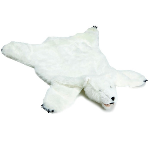 White Bear Rug, plush white polar bear-shaped furry rug with black claws and facial features.