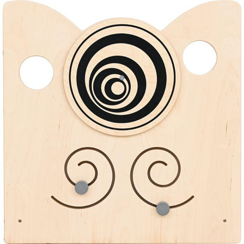 Moje Bambino Swirl Sensory Play Panel Partition, wooden sensory play panel with black spiral design and two circular spinning elements for children