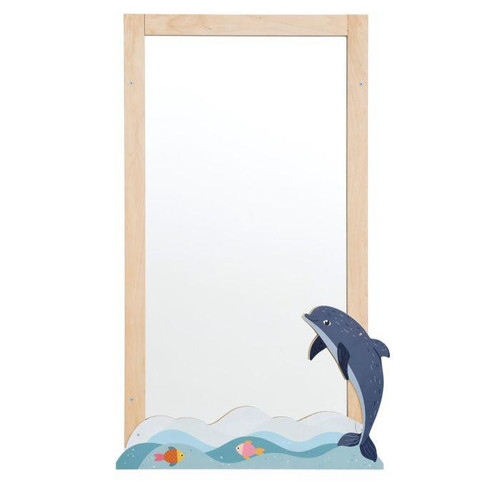 Moje Bambino Sea Waves Wall Mirror Decor, children's decorative mirror with a sea theme featuring a jumping dolphin and colorful fish at the bottom.