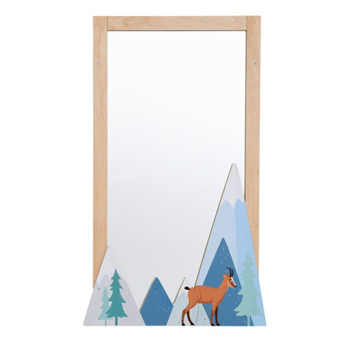 Moje Bambino Summit Wall Mirror Decor, decorative wooden framed mirror with mountain and forest design featuring a mountain goat at the bottom.