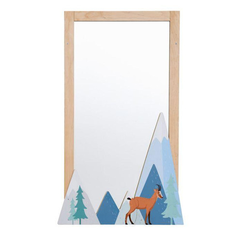 Moje Bambino Summit Wall Mirror Decor, decorative wooden framed mirror with mountain and forest design featuring a mountain goat at the bottom.