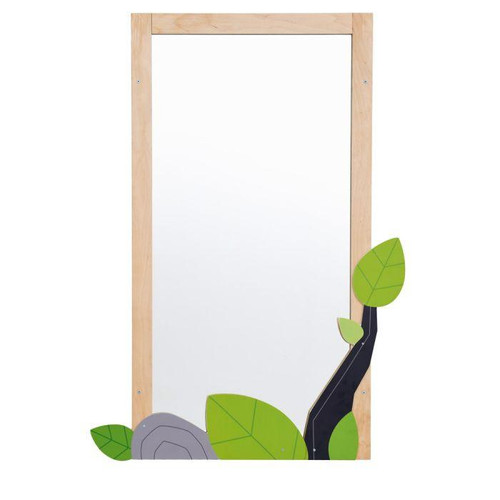 Moje Bambino Flora Wall Mirror Decor, decorative mirror with a wooden frame and floral design with green leaves and grey stones at the bottom.