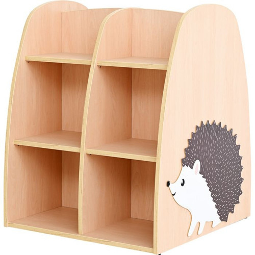 Moje Bambino Double Sided Hedgehog Bookcase, wooden children's storage unit with multiple shelves and a cute hedgehog illustration on the side.