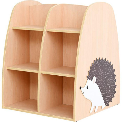 Moje Bambino Double Sided Hedgehog Bookcase, wooden children's storage unit with multiple shelves and a cute hedgehog illustration on the side.